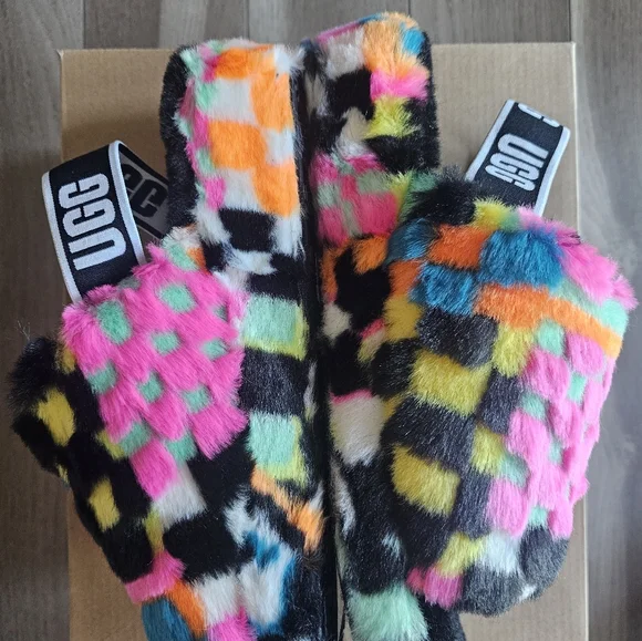 UGG NEW! fluff yeah slides furry wool uggs sandals slippers elastic heel strap